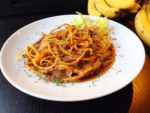 Butternut squash spaghetti with a delicious sauce of pears from the garden, some sage (also from the garden), tomatoes, celery and some coconut meat.