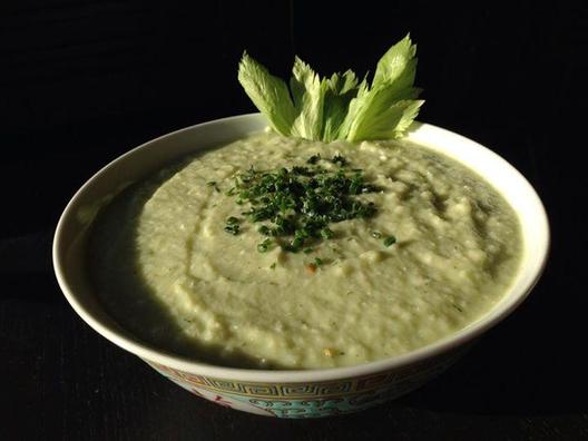 Cauliflower, celery, avocado, pineapple raw soup with lemon, some dill, a medjoul date for more sweetness and chopped in cauliflower and pineapple pieces