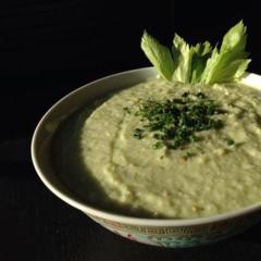 Cauliflower, celery, avocado, pineapple raw soup with lemon, some dill, a medjoul date for more sweetness and chopped in cauliflower and pineapple pieces