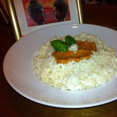Cauliflower "rice" with a delicious tomato, avocado, basil sauce (more realistic lighting than in the last)
