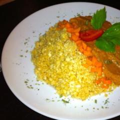 Celeriac "cous cous" with tomato, carrot, celery, avocado sauce