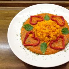 Kürbis - "Reis" mit Mango - Paprika - Creme Kürbis - "Reis" mit Mango - Paprika - Creme