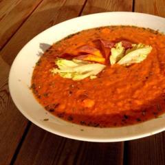 Mildly hot and sweet minestrone of pineapple, dates, celery, red sweet peppers, a bit of coconut meat and a tiny bit of ginger with pieces and chunks of Hokkaido and butternut pumpkin. Simply amazing! 