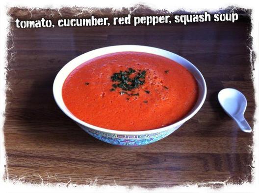 Raw tomato, cucumber, red pepper, squash soup with basil