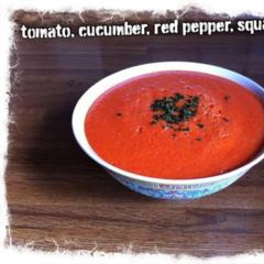 Raw tomato, cucumber, red pepper, squash soup with basil