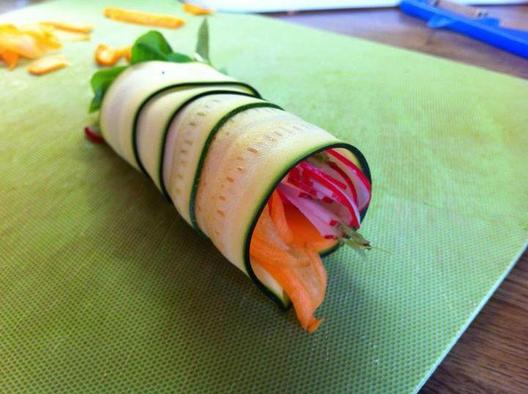 Raw zucchini, carrot, radish, corn salad and occasionally tomato spring rolls <3