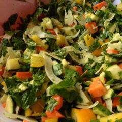 Spinach, fennel, carrots and yellow pepper with avocado and lemon massaged in and a tiny bit of parsley, chives and dill
