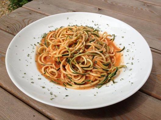 The real fast food! Zucchini noodles with a sauce of apricots, rhubarb, tomatoes and a small stalk of celery. Great meal!