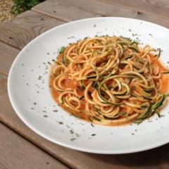 The real fast food! Zucchini noodles with a sauce of apricots, rhubarb, tomatoes and a small stalk of celery. Great meal!