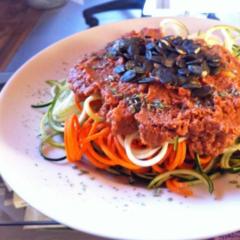 Zucchini carrot spaghetti with tomato olive sun dried tomato sauce with pumpkin seeds ^_^
