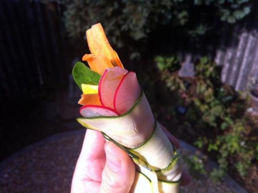 Zucchini, corn salad, radish, butternut, carrot spring roll