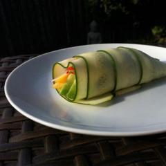 Zucchini, radish, butternut, tomato, avocado spring roll