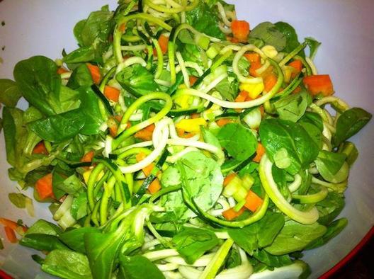 Zucchini, yellow and orange carrots, celery, corn salad, parsley and avocado salad. Rich and yummy!